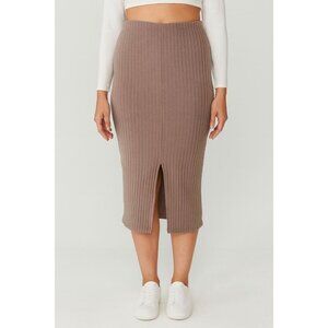H&M Taupe Brown Ribbed Midi Skirt With Front Slit Stretch Size M